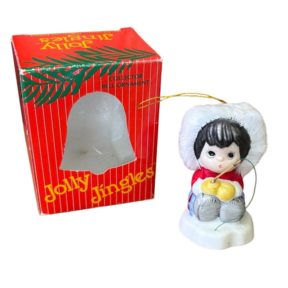 Vintage Jolly Jingles Eskimo Child Fishing Ornament‎ Bell Hand Painted Porcelain